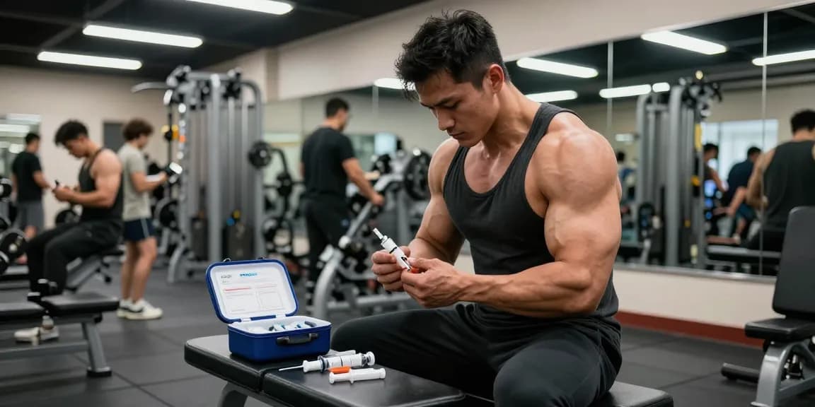 Anabolika Shop: Bodybuilder bereitet sich auf eine Steroidinjektion im Fitnessstudio vor.