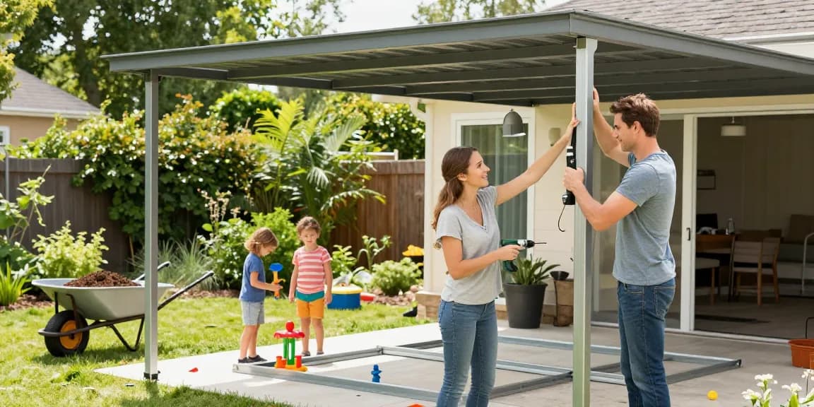 Familie beim Aufbau eines modernen Carports im sonnigen Garten.