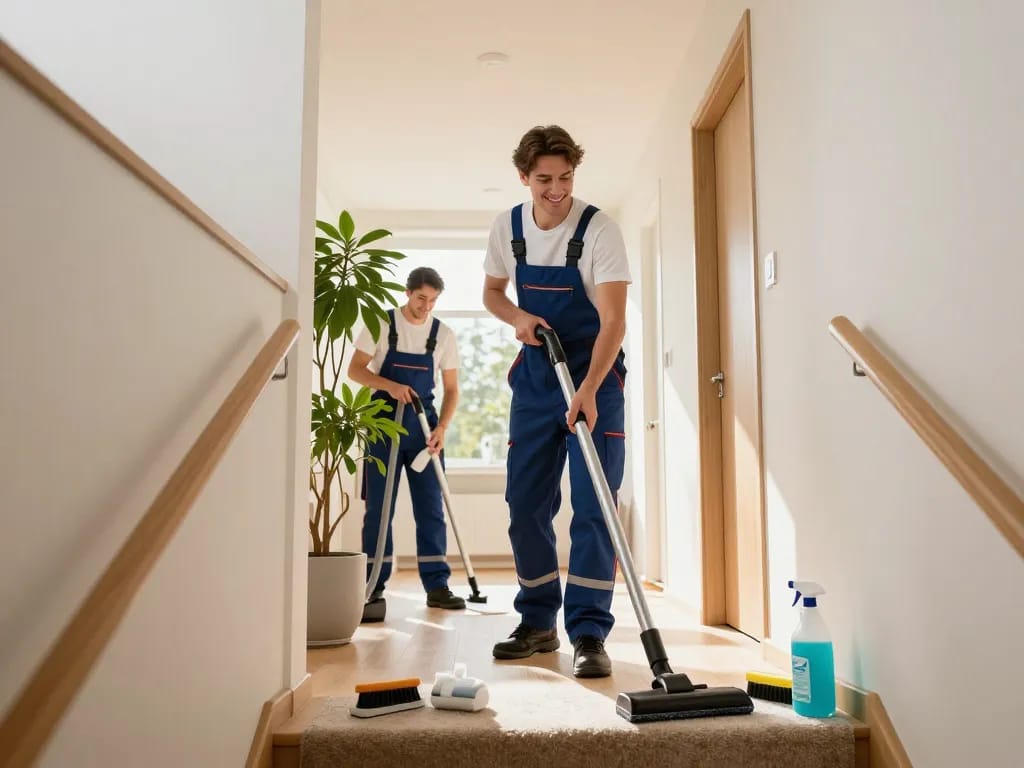 Hausflurreinigung in Münster mit einem professionellen Team, das Eingänge und Treppen reinigt und ein Engagement für Sauberkeit zeigt.