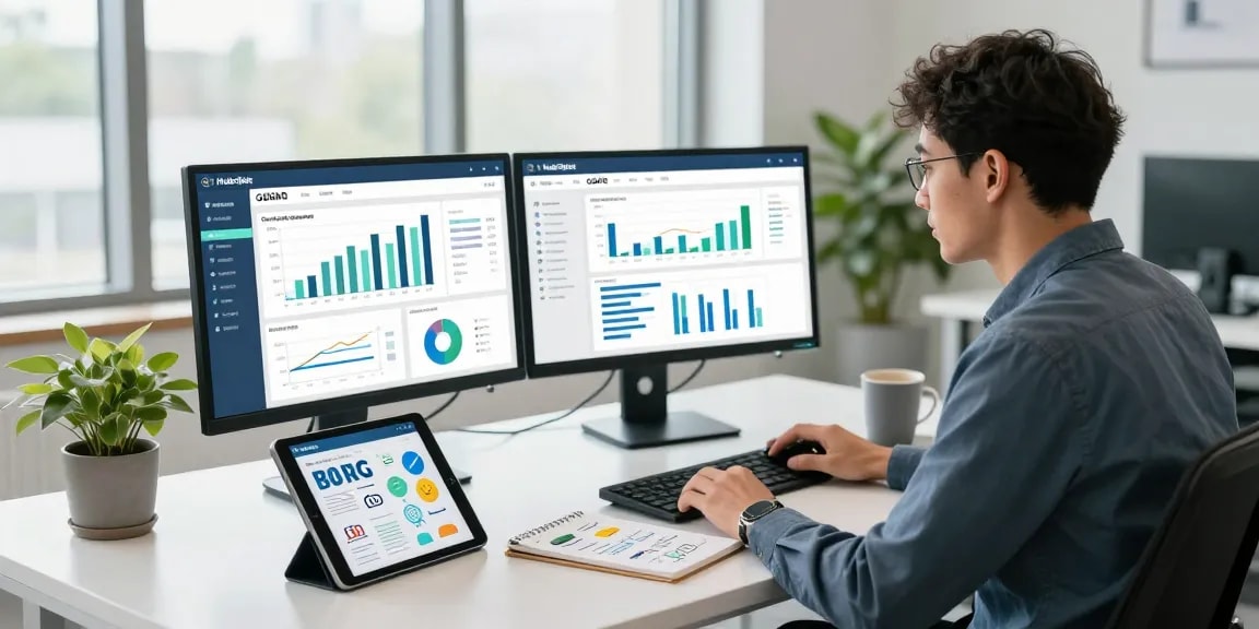 Wissen / Blog-Hub: Professional analyzing HubSpot analytics for GDPR-compliant B2B leads in a bright office.
