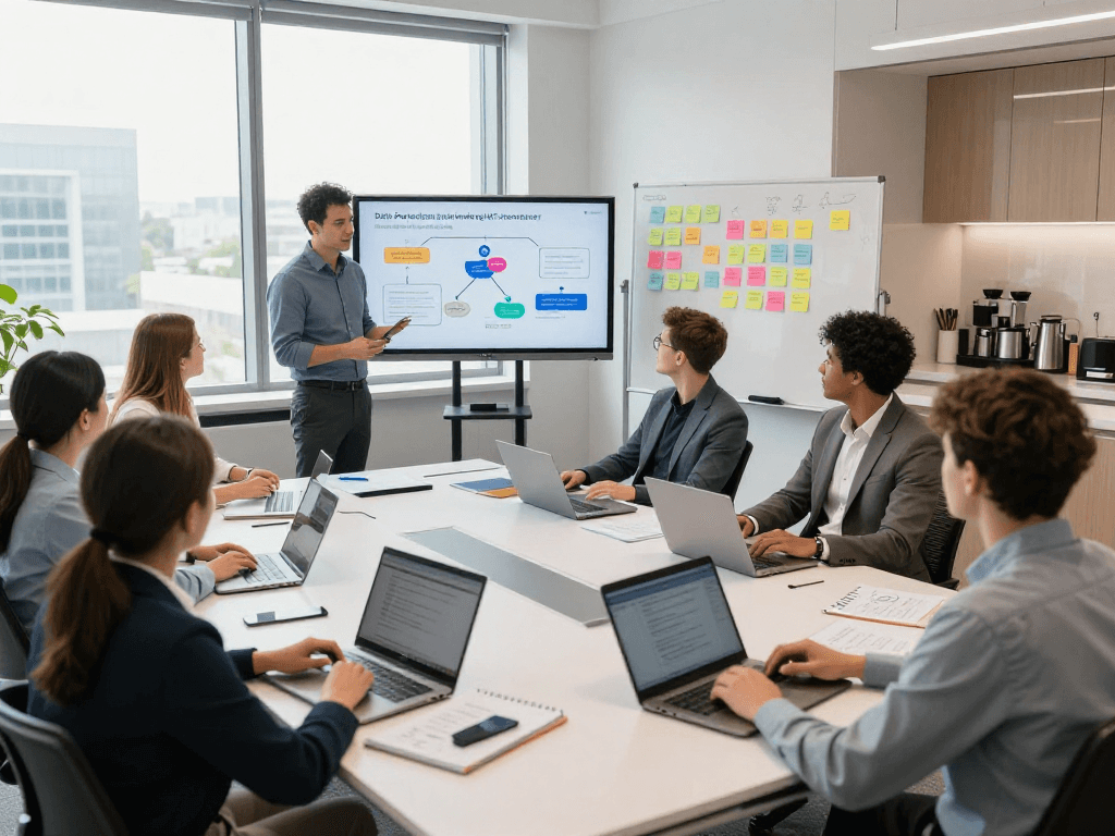 Wissen / Blog-Hub: Schulung zur DSGVO im modernen Büro mit engagierten Teilnehmern und interaktiven Materialien.