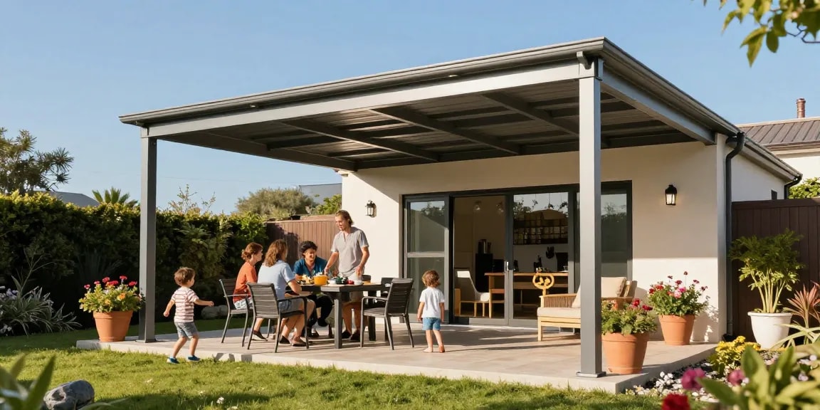 Moderne Terrassenüberdachungen sorgen für eine behagliche Gartenatmosphäre.
