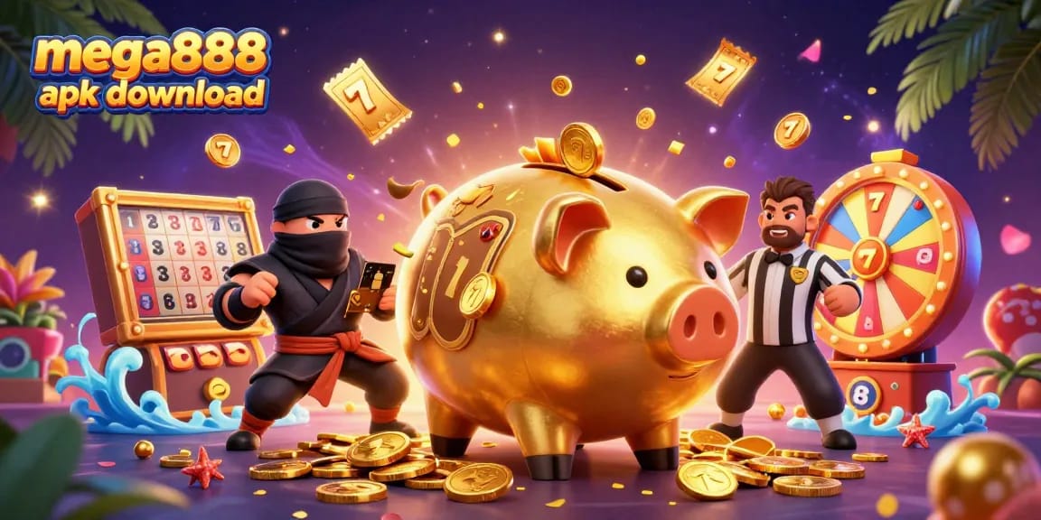 Experience the excitement with Mega888 apk download in this animated casino scene showcasing giant characters and vibrant game elements.