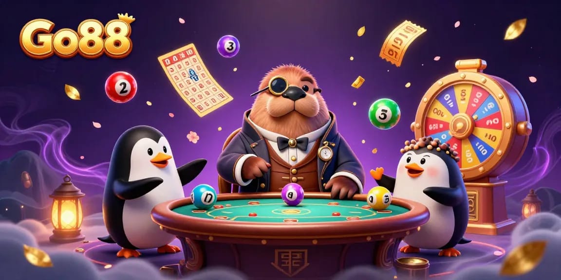 Go88 players enjoy a vibrant underwater casino scene with exciting game elements surrounding a walrus and dealer.