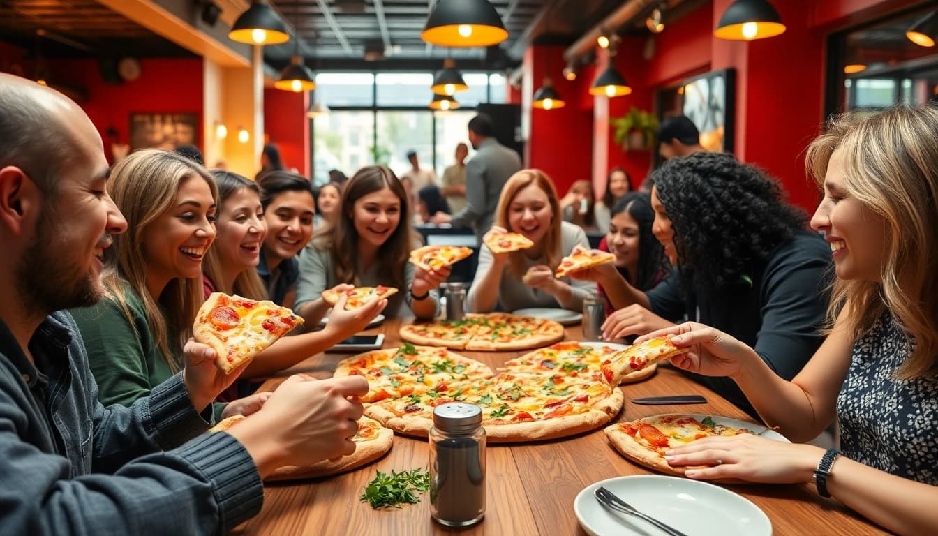 Pizzanap: Friends sharing delicious artisanal pizza slices at a lively table.