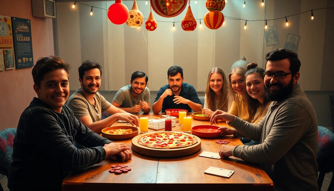 Pizzanap-Spieler legen strategische Züge mit bunten Chips und Karten.