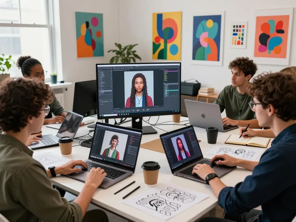 Collaboration on innovative AI porn content in a vibrant studio with diverse artists and programmers.