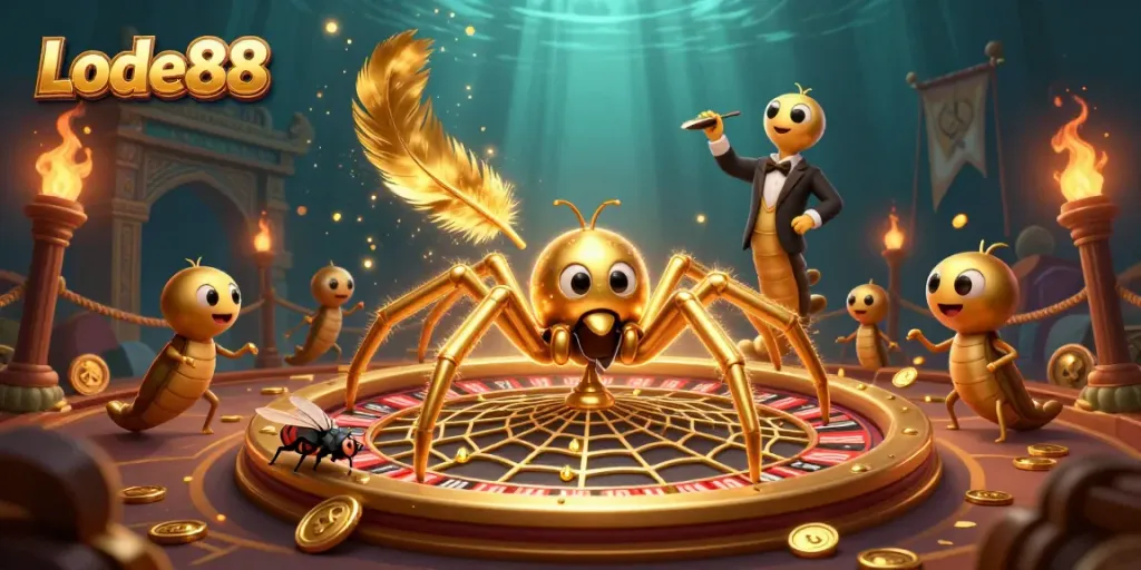 Watch Lode88 come alive with a golden spider and vibrant betting scene, capturing thrilling casino action.