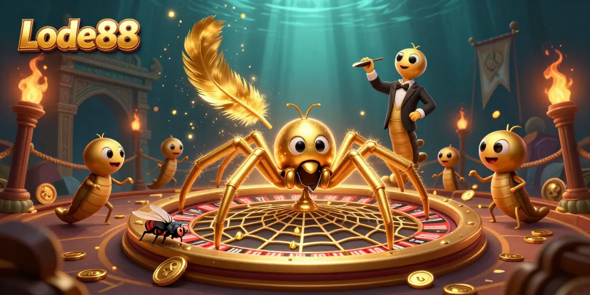 Watch Lode88 come alive with a golden spider and vibrant betting scene, capturing thrilling casino action.