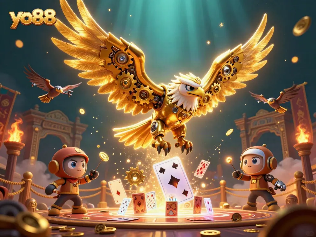 Experience the thrilling yo88 casino with 3D characters amid holographic cards and rich gold elements.