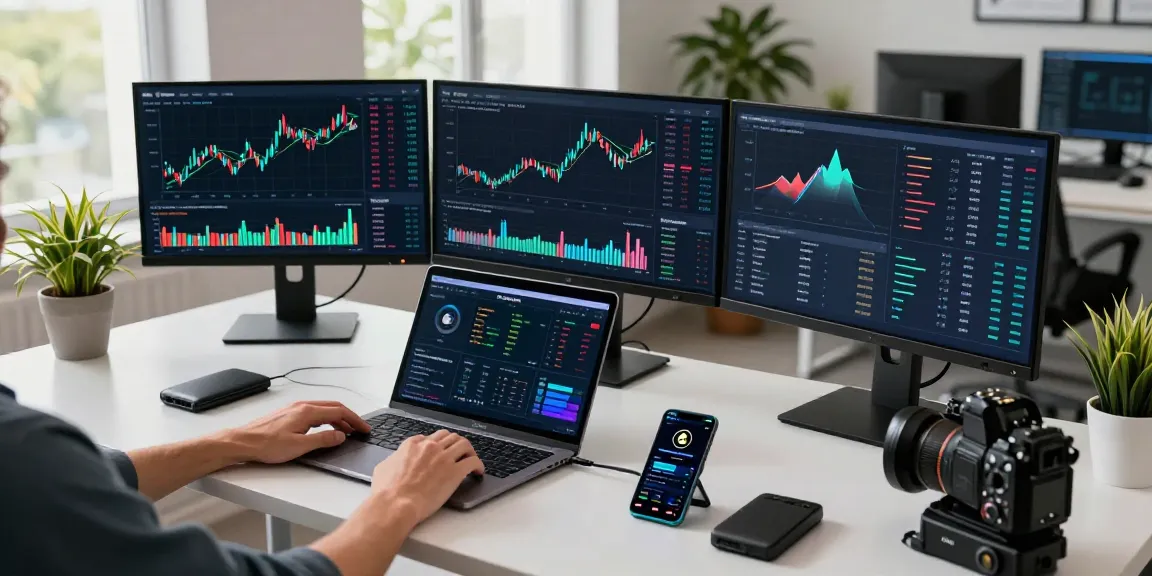 hitpaw edimakor in einem modernen Krypto-Arbeitsplatz, zeigt Blockchain-Analysen und Krypto-Handels-Tools