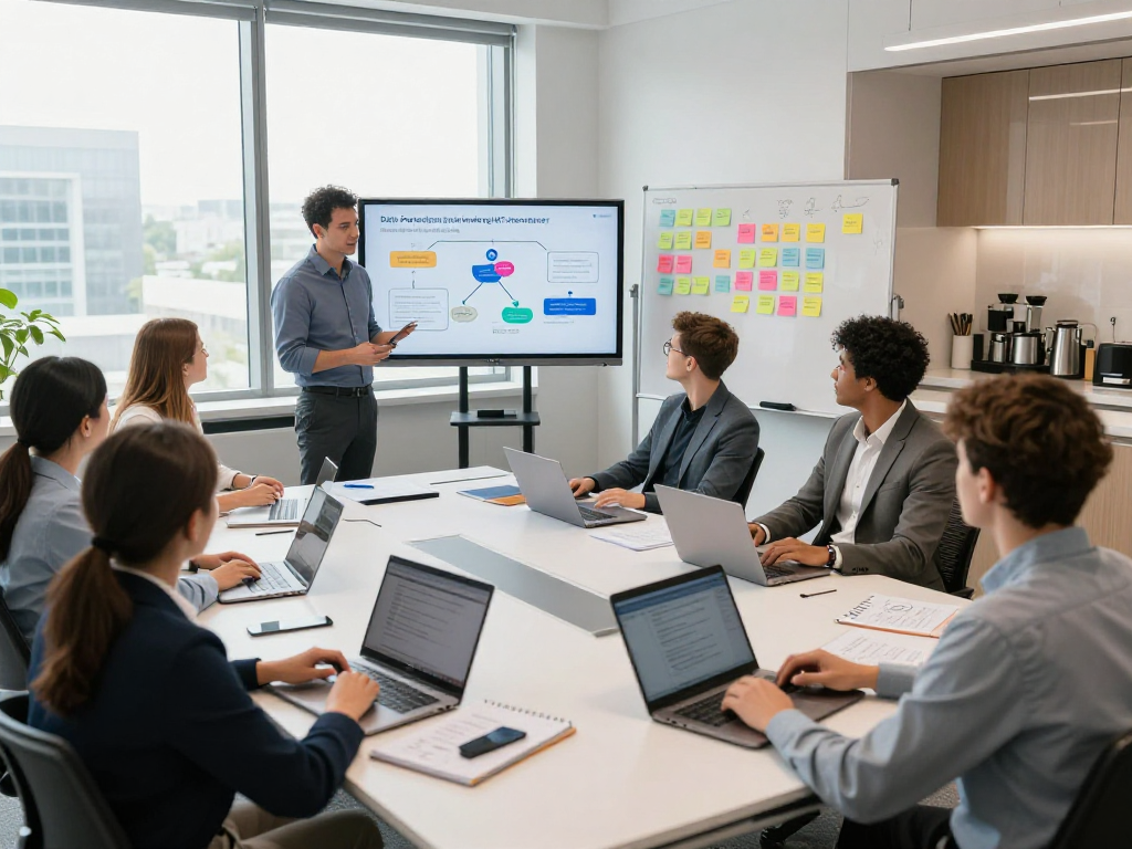 Wissen / Blog-Hub: Schulung zur DSGVO im modernen Büro mit engagierten Teilnehmern und interaktiven Materialien.