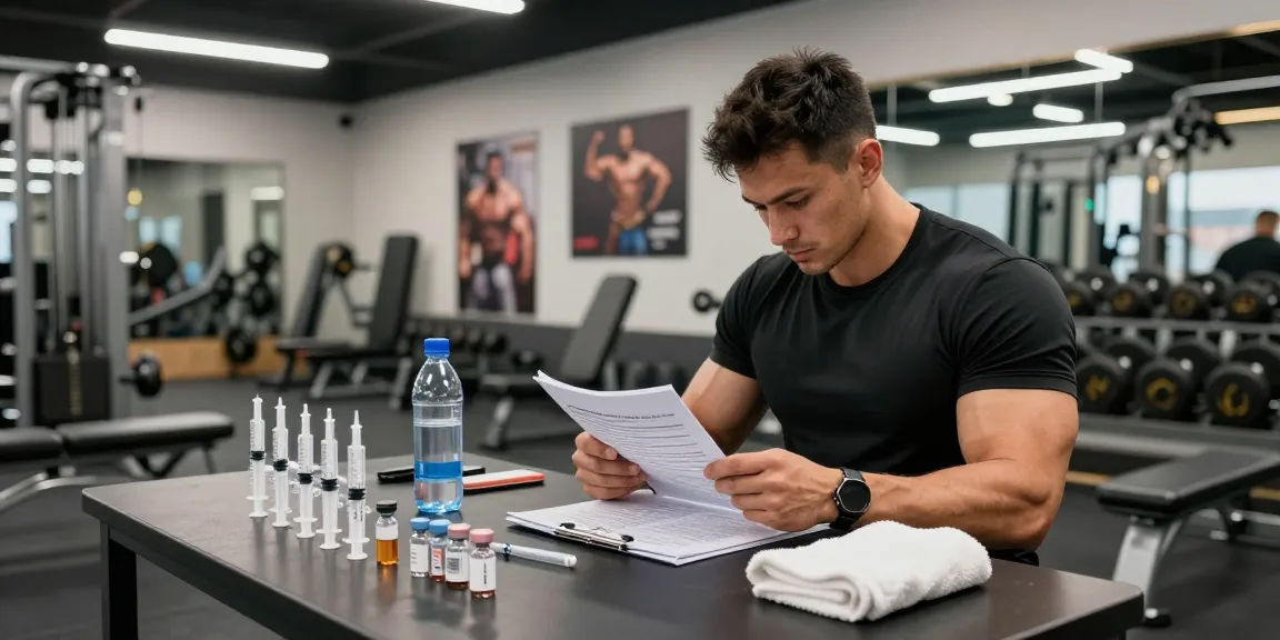 Anabolika Shop: Fitness enthusiast preparing steroid injection in modern gym with syringes and vials.