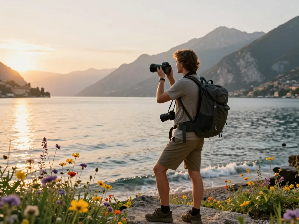 Reisender genießt Gardasee Reisetipps bei Sonnenuntergang mit Blick auf den ruhigen See und die Berge.