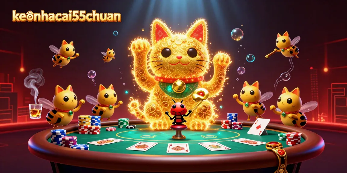 Play poker with keonhacai55chuan's vibrant lucky cat and golden fireflies at an exciting casino