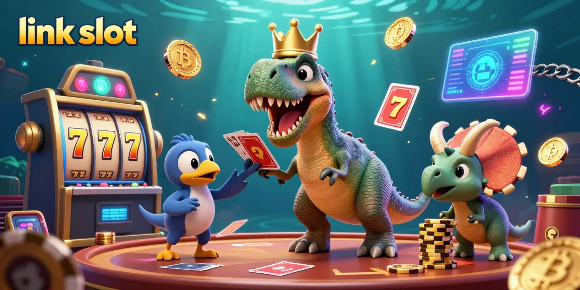 Experience thrilling gameplay with link slot as a T-Rex shuffles cards in a vibrant casino scene.