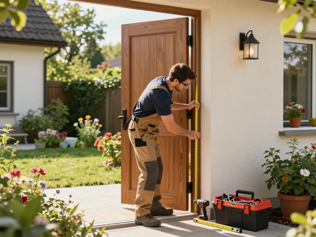 Handwerker installiert eine Nebeneingangstür in einem sonnigen Wohnhaus und zeigt hochwertige Wohnraumverbesserungen.