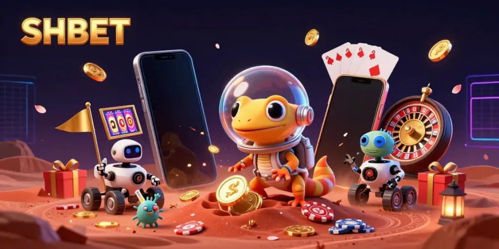 Engage with SHBET's vibrant Martian gecko exploring a winning casino universe filled with interactive gambling elements.