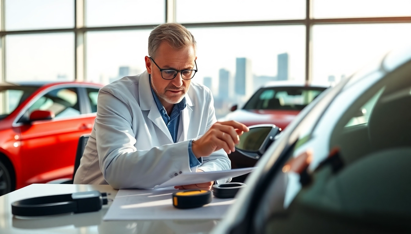 Kfz Gutachten Düsseldorf: Automotive appraisal expert performing detailed inspection.