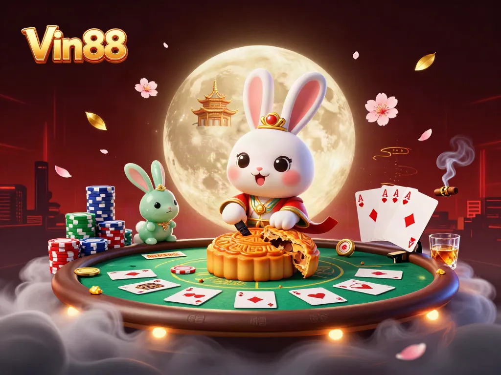 Engage in thrilling play at Vin88 with poker chips and moon rabbits in an extravagant casino scene.