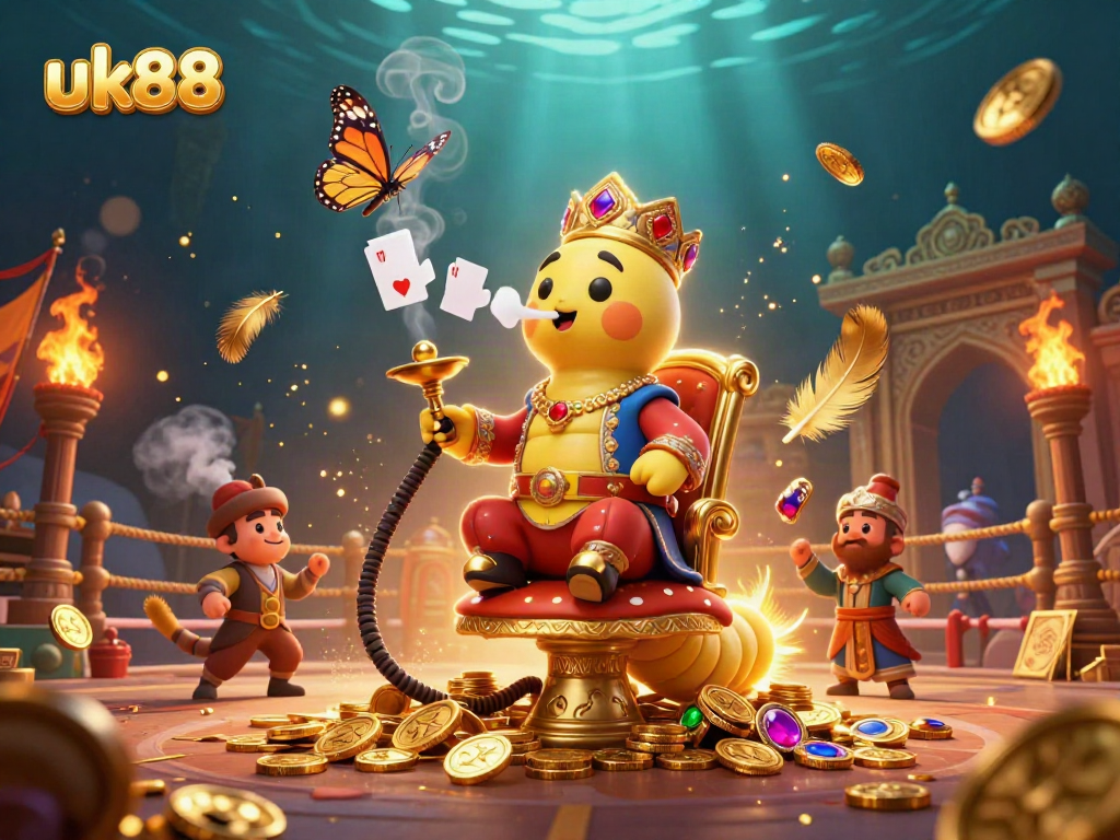 Engage in thrilling gameplay with uk88, featuring vibrant 3D characters in a dynamic casino setting.
