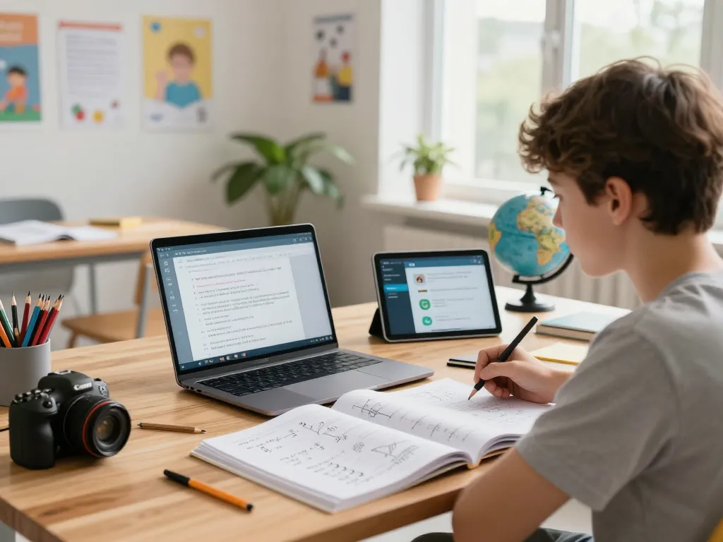 Schüler, der die Hausaufgaben KI-Technologie in einem hellen Klassenzimmer mit Lehrbüchern und digitalen Werkzeugen nutzt.