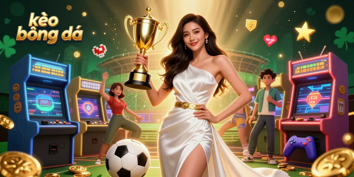 Betting on kèo bóng đá with a victorious woman holding a trophy amidst dynamic sports betting elements.