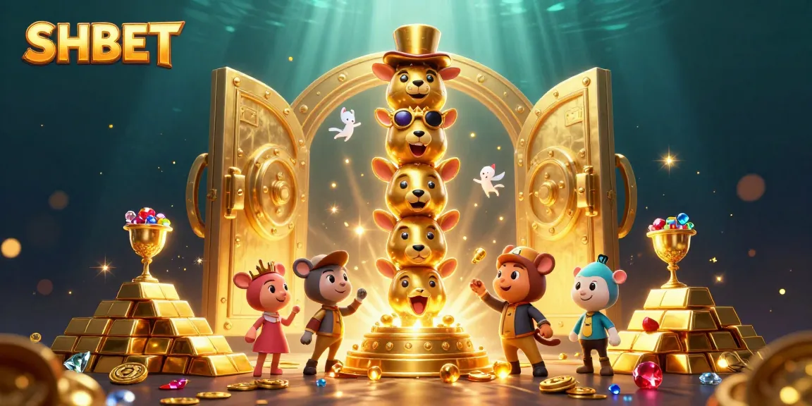 Engage with SHBET's vibrant casino world illustrated through a whimsical golden totem pole and treasures.