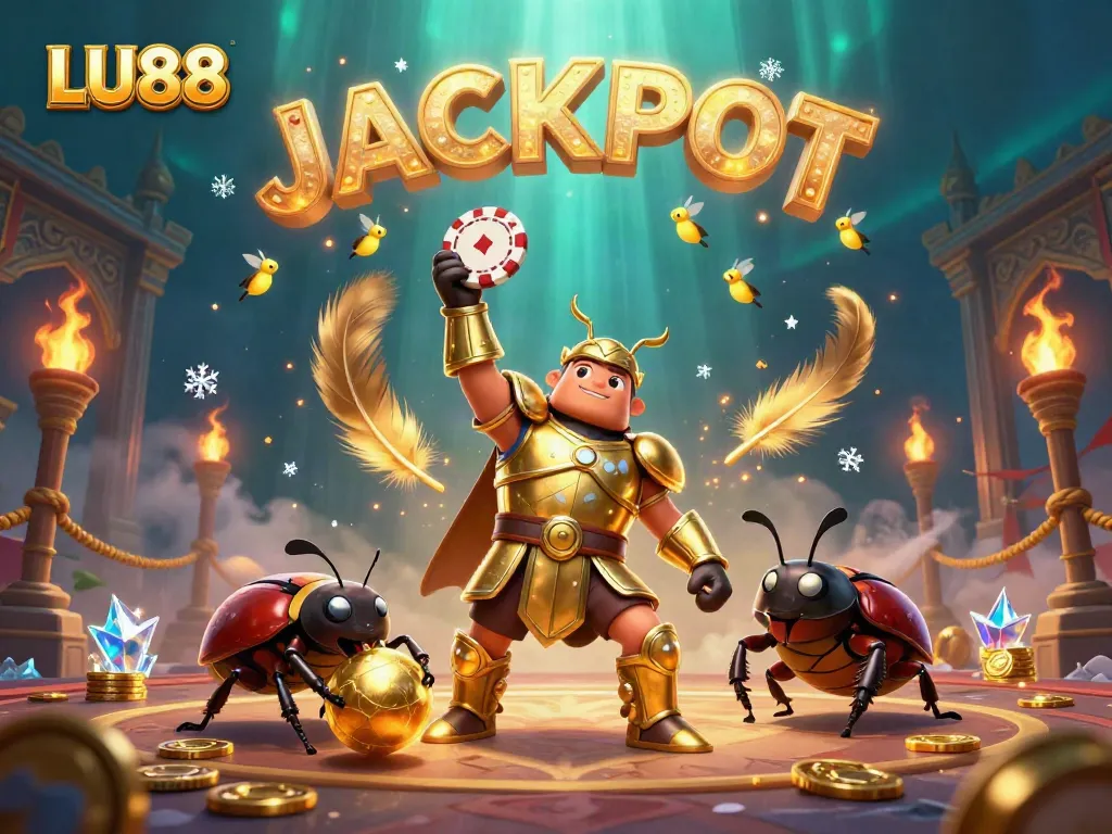 Experience the excitement of LU88 as the beetle hero lifts a poker chip in triumph