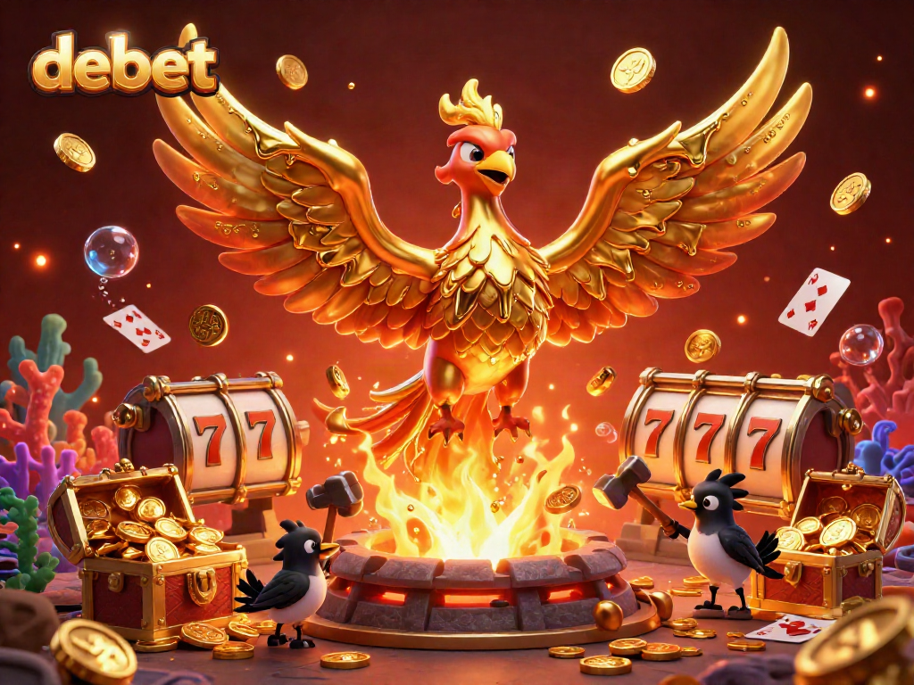 Engaging debet scene featuring a molten gold phoenix with slot games, coins, and vibrant underwater treasures