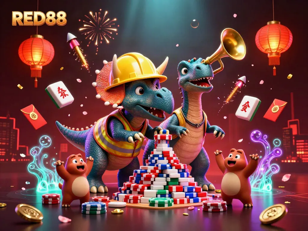Celebrate big wins with RED88 in an exciting casino scene filled with vibrant game elements and characters.