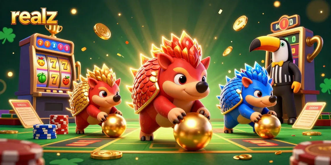 Engage in excitement with realz-inspired pangolins rolling through golden slot chips in a vibrant casino scene.