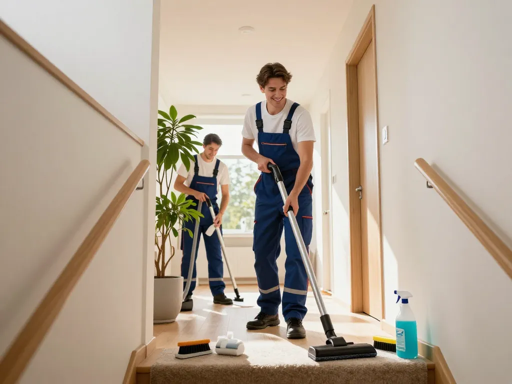 Hausflurreinigung in Münster mit einem professionellen Team, das Eingänge und Treppen reinigt und ein Engagement für Sauberkeit zeigt.