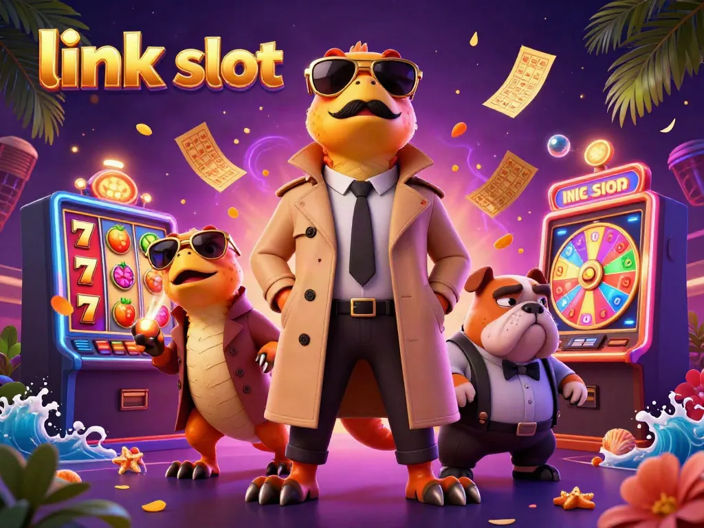 Experience the excitement of link slot gaming with vibrant jackpot reels and playful characters in this 3D casino illustration.
