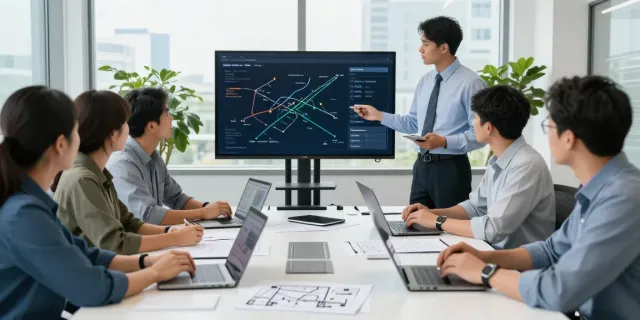 OCARGO Spedition Düsseldorf Team im modernen Büro bei der Zusammenarbeit an Transportstrategien.