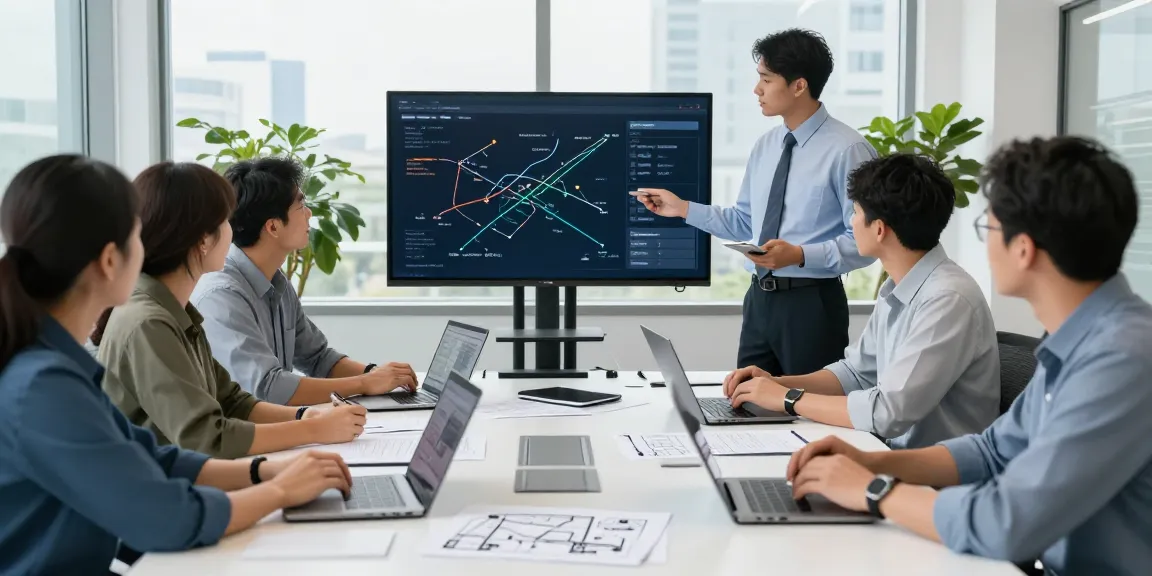 OCARGO Spedition Düsseldorf Team im modernen Büro bei der Zusammenarbeit an Transportstrategien.