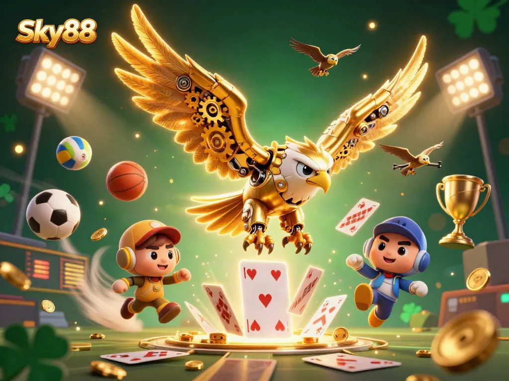Sky88 showcases a vibrant, dynamic casino scene with a golden eagle amidst dazzling game elements.