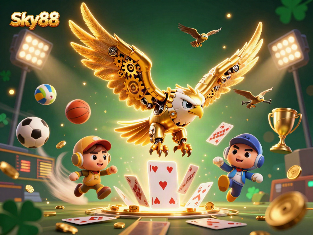 Sky88 showcases a vibrant, dynamic casino scene with a golden eagle amidst dazzling game elements.