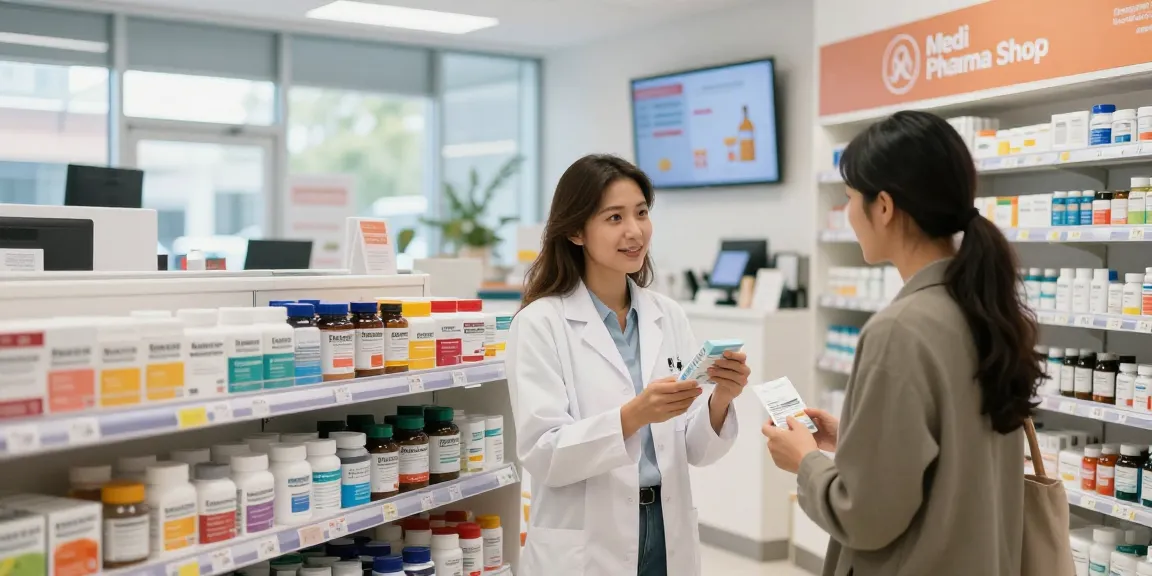 Medi Pharma Shop mit Apotheker, der Kunden in einem lebendigen, gesundheitsorientierten Einzelhandelsbereich unterstützt.