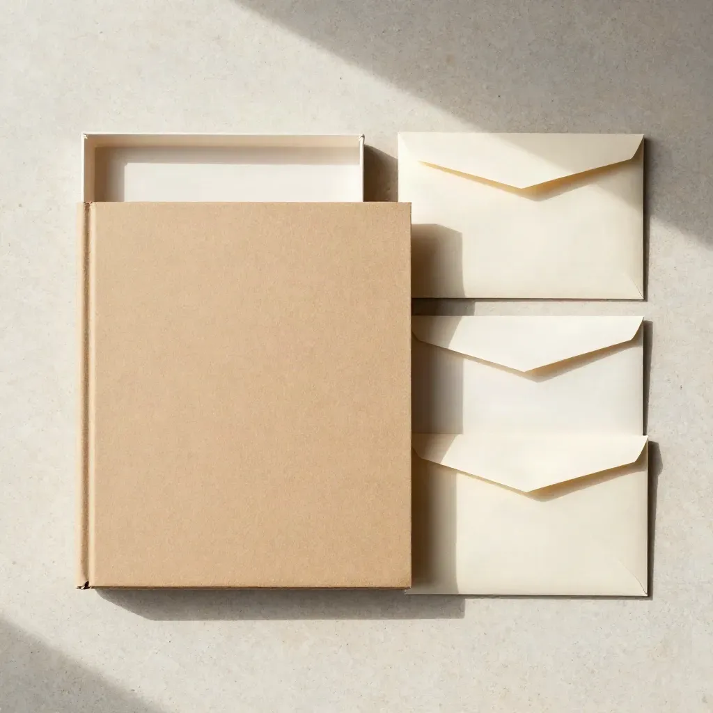 Maxibriefbox A5 mit Einlegefach und zwei flachen Versandboxen auf hellem Stein von oben.