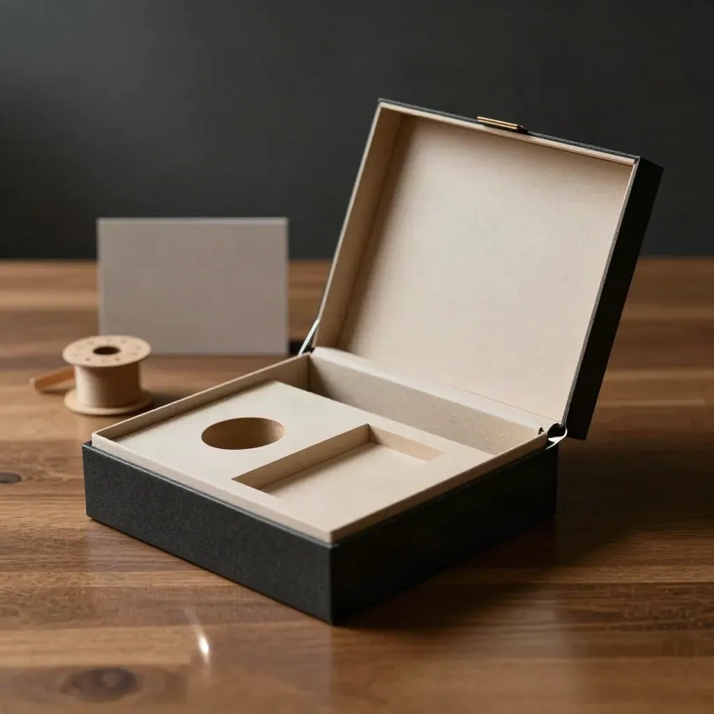 Geöffnete Geschenkbox mit Einlagen und Kordelrolle auf warmem Holz im dramatischen Licht