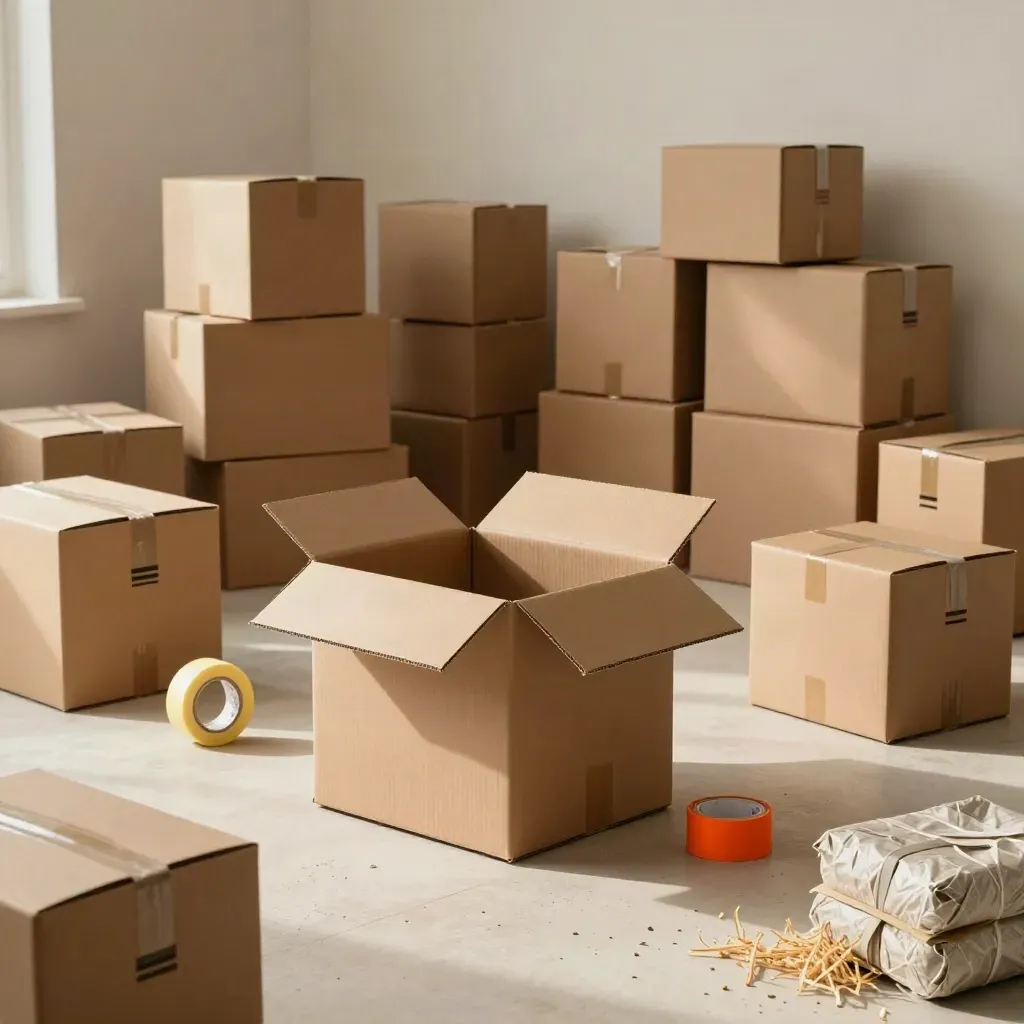 Umzugskartons, Klebeband und Füllpapier in heller Wohnung, diagonale Anordnung.