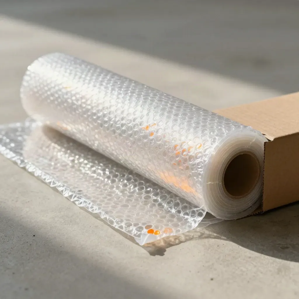 Luftpolsterfolie rollt sich neben einem Kartonwinkel auf hellem Beton.
