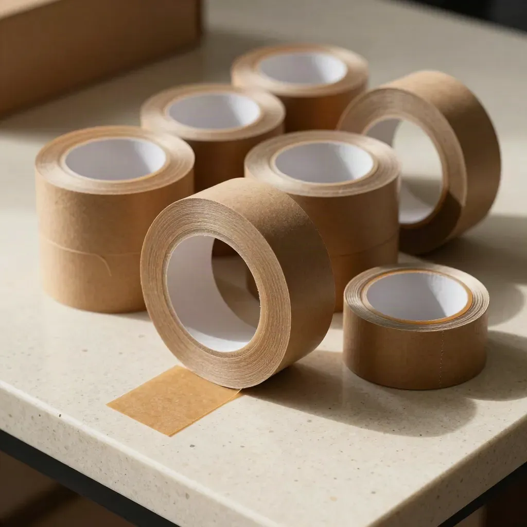 Braune Packband-Rollen mit Cutter auf hellem Travertin, seitlich hart beleuchtet.