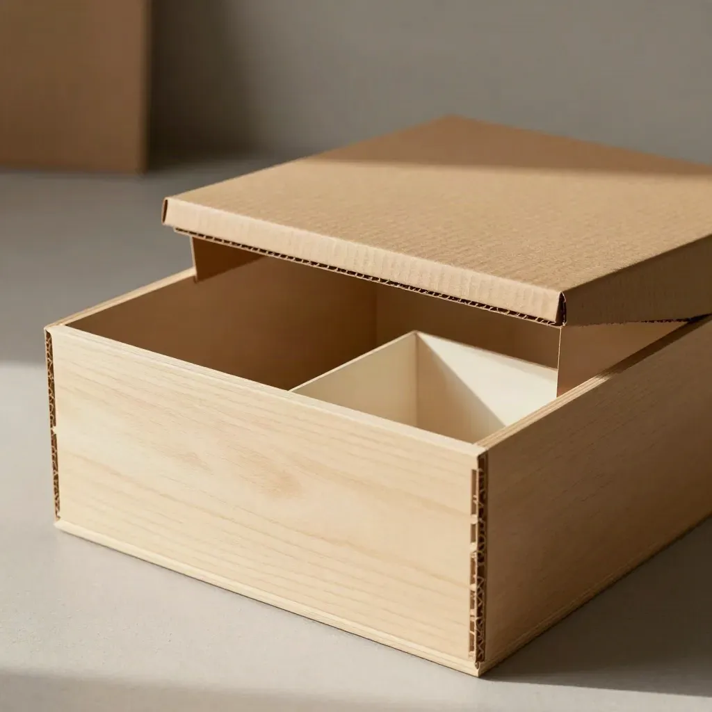 XL-Aufbewahrungsbox mit offenem Deckel, zwei Faltboxen auf hellem Holz im Studio