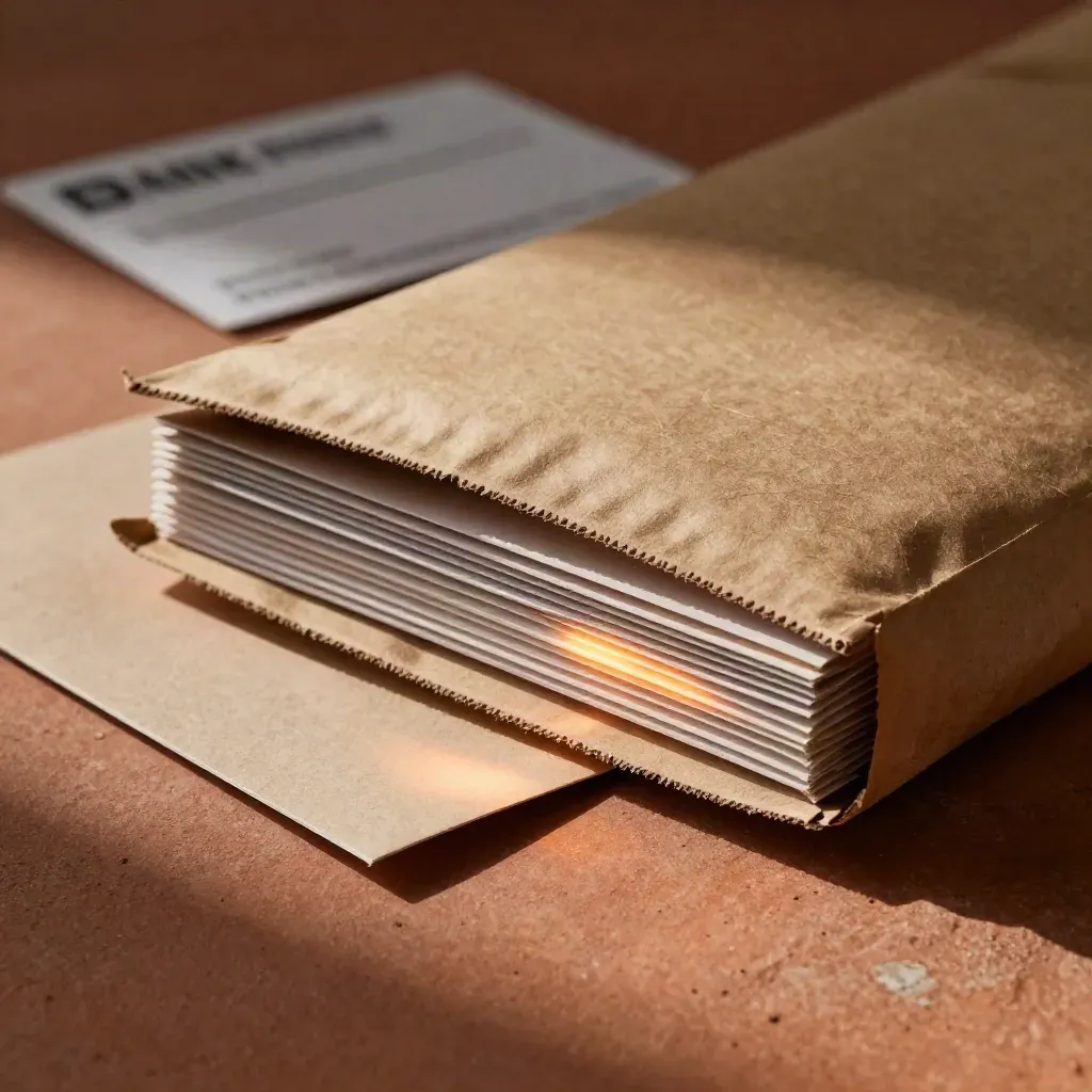 Gepolsterte Versandtasche, flacher Kartonstapel und Kraftsleeve auf warmem Stein.