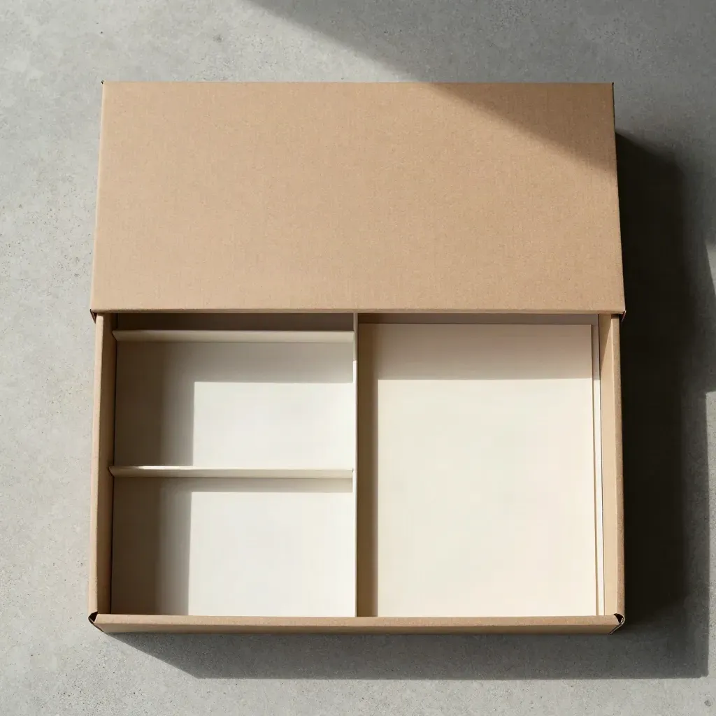 Archivbox mit Deckel, A4-Einsatz und Faltteiler auf hellem Beton, von oben fotografiert.