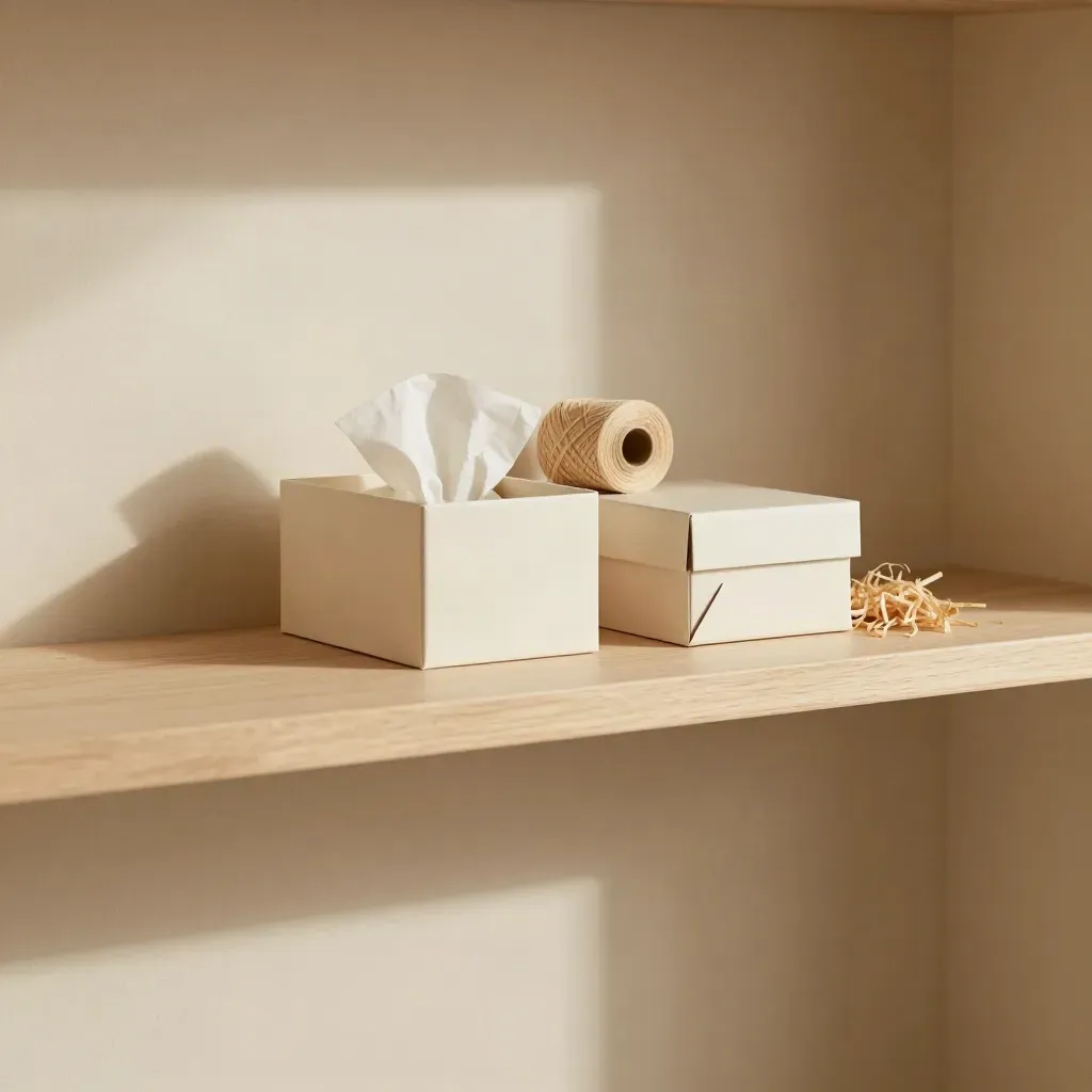 Helle Geschenkboxen mit Seidenpapier auf cremigem Putzregal im warmen Seitenlicht.
