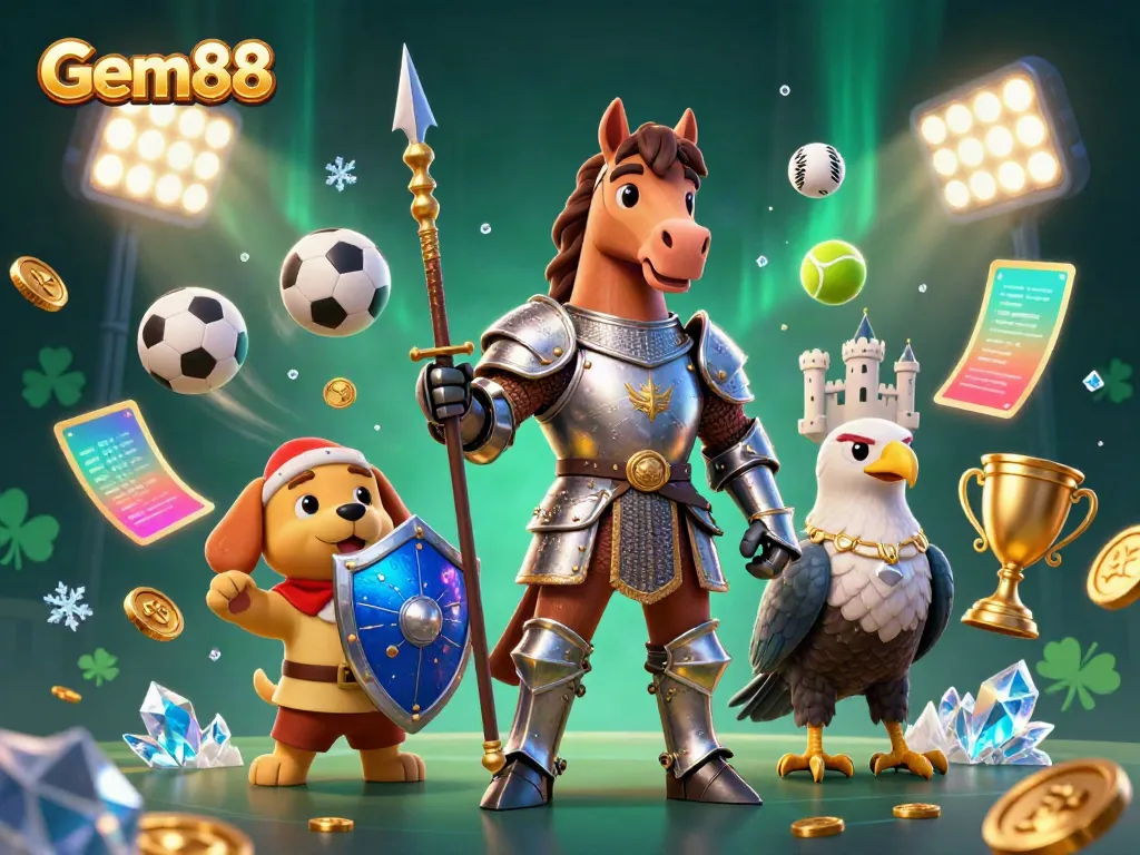 Experience thrilling gameplay at Gem88 with dynamic casino scenes featuring knights and sports elements.