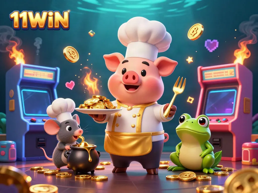 Experience exciting gaming with 11WIN as a chef pig serves gold coins amidst vibrant arcade elements.